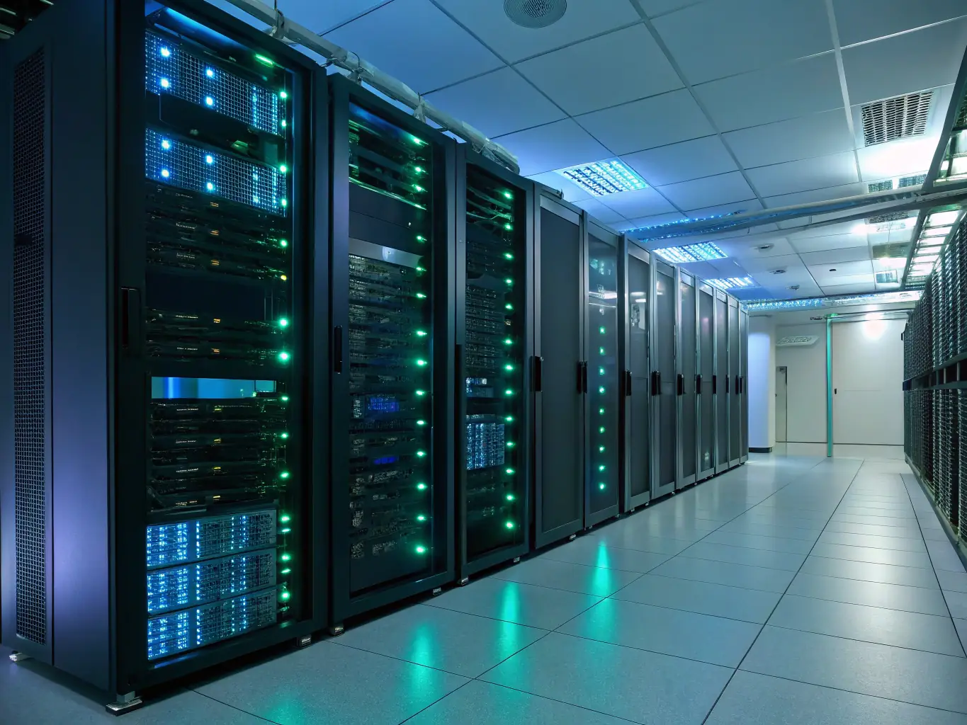 A visually appealing image of a server room with blinking lights, representing the robust infrastructure of Nexusslead's hosting services.