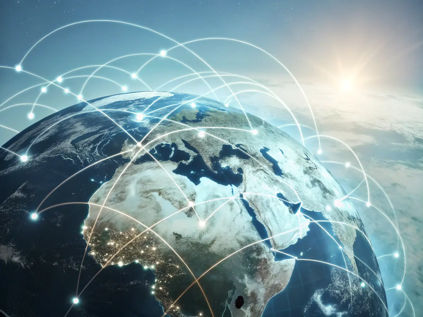 An image of a globe with network cables connecting different continents, symbolizing the global reach and connectivity of Nexusslead's hosting services.