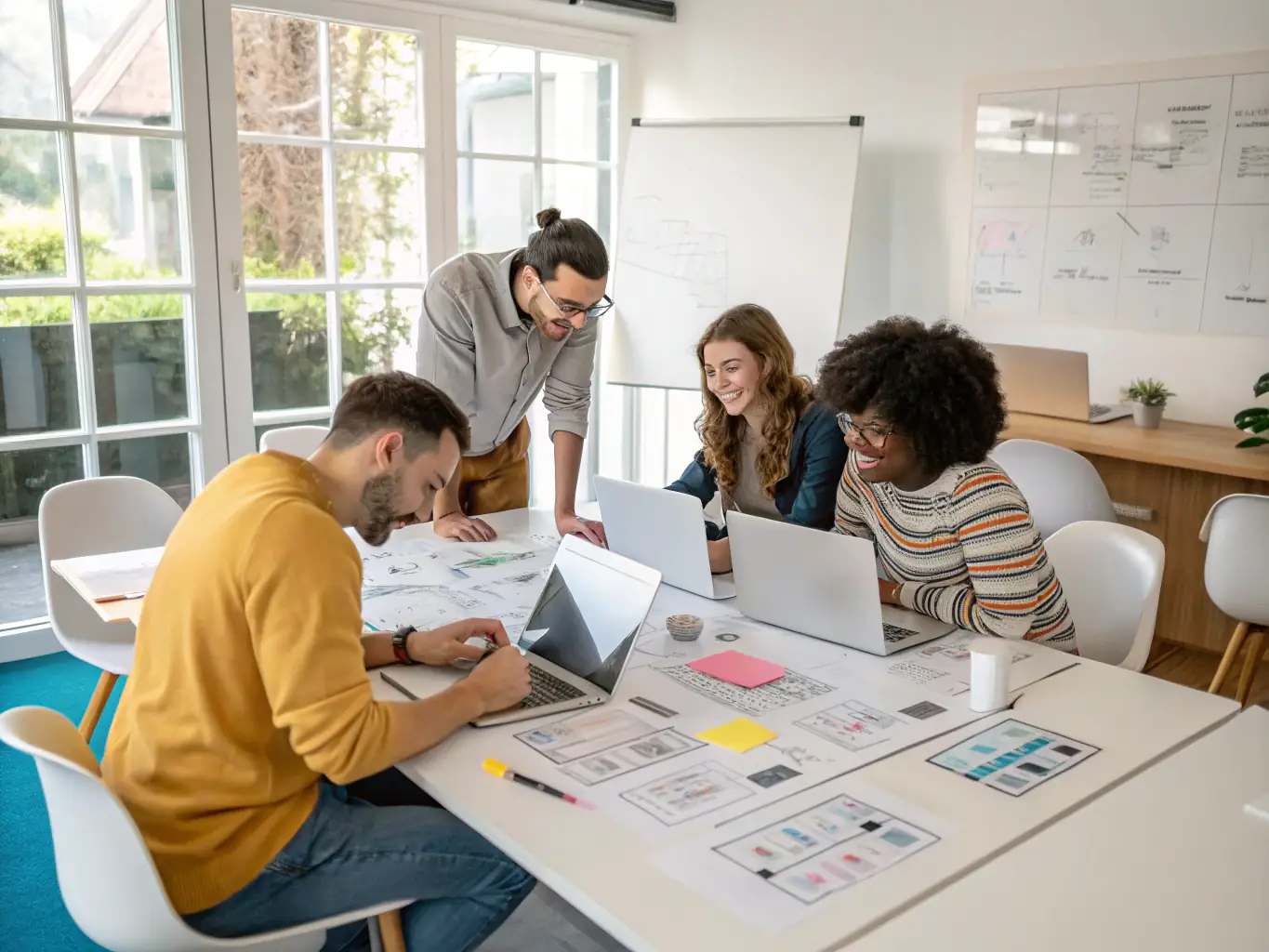 An image depicting a team of web designers collaborating on a project, using design software and discussing ideas. The image conveys a sense of creativity, teamwork, and attention to detail.