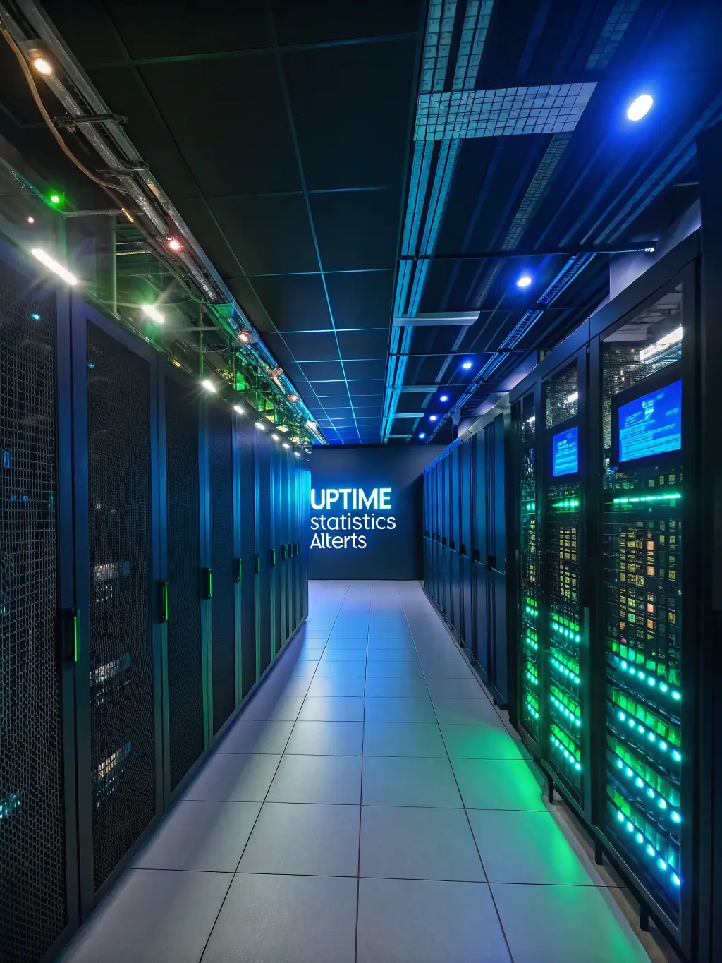 A server room with blinking lights, representing the uptime monitoring and reliability of Nexusslead's hosting services.